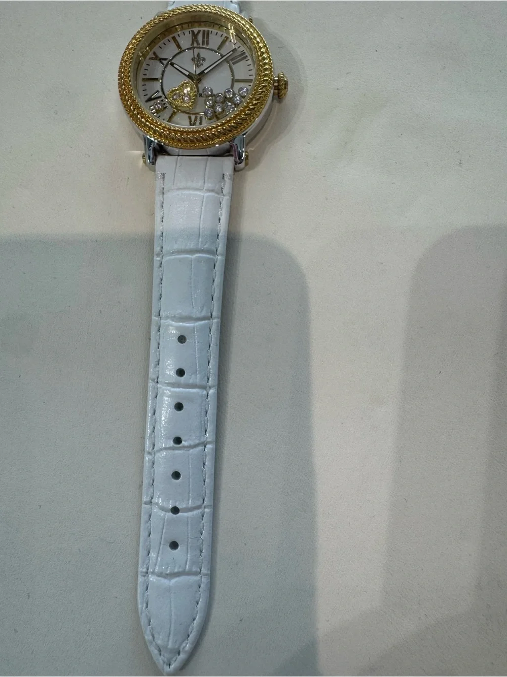 New Judith Ripka Odyssey White Embossed Leather Floating Heart Crystal Watch